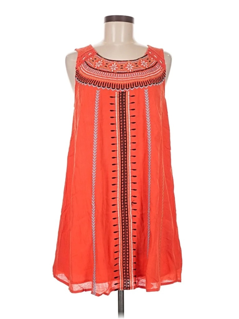 Blu Pepper Sleeveless Shift Dress Coral with Multi-Color Embroidery, Size M